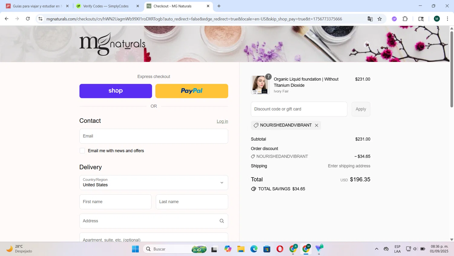 MG Naturals discount code screenshot showing code Nourishedandvibrant applied at MG Naturals checkout page. Uploaded by SimplyCodes community member Tortu_1 on Sep 2, 2025