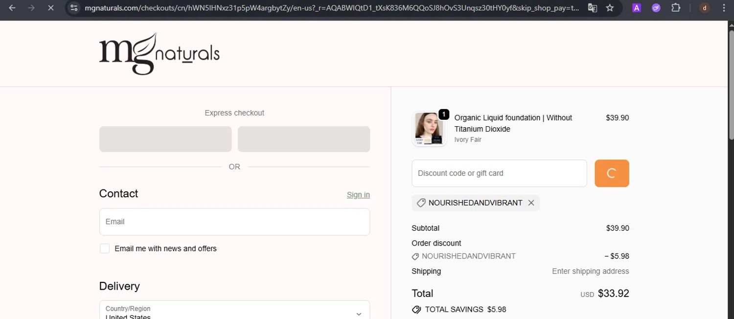 MG Naturals discount code screenshot showing code Nourishedandvibrant applied at MG Naturals checkout page. Uploaded by SimplyCodes community member VoucherSpotter9376 on Nov 27, 2025