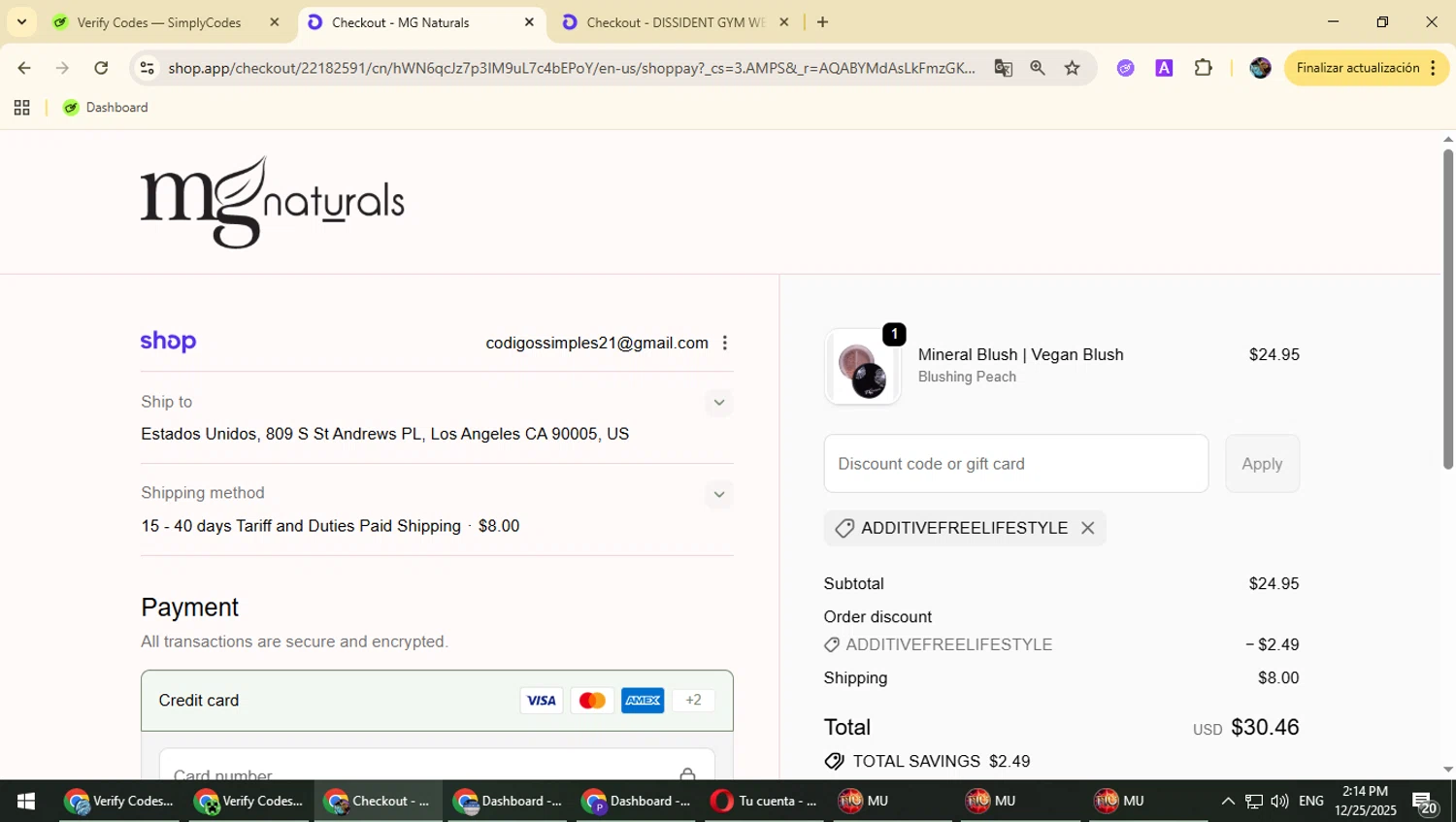 MG Naturals discount code screenshot showing code Additivefreelifestyle applied at MG Naturals checkout page. Uploaded by SimplyCodes community member Suicune on Dec 25, 2025