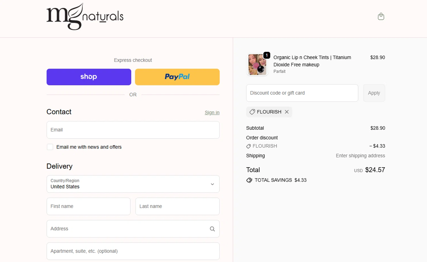 MG Naturals discount code screenshot showing code flourish applied at MG Naturals checkout page. Uploaded by SimplyCodes community member Princesasofia on Dec 30, 2025