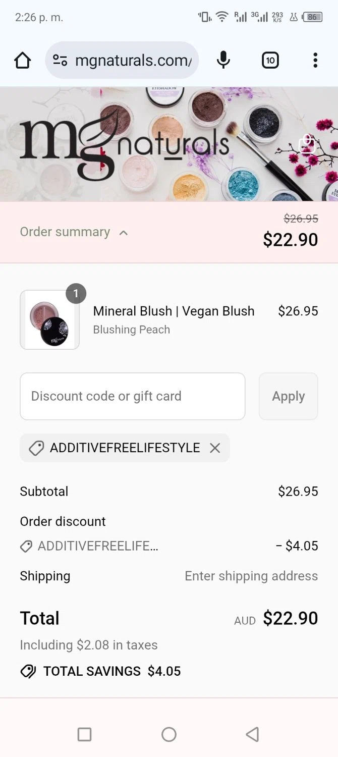MG Naturals discount code screenshot showing code Additivefreelifestyle applied at MG Naturals checkout page. Uploaded by SimplyCodes community member shark12 on Jul 20, 2025