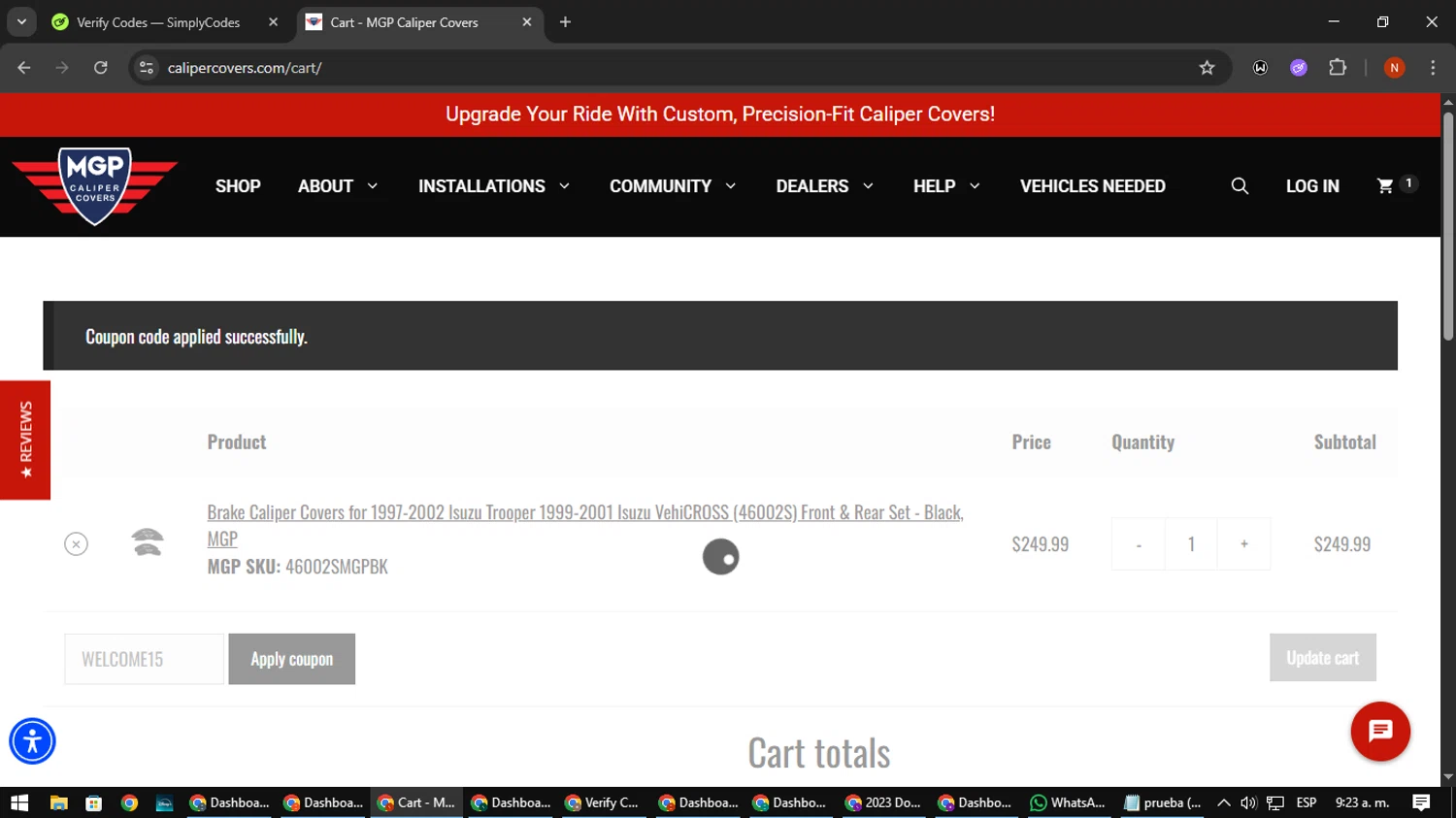 MGP Caliper Covers coupon code screenshot showing code WELCOME15 applied at MGP Caliper Covers checkout page. Uploaded by SimplyCodes community member MagnificentScout194 on Sep 11, 2025