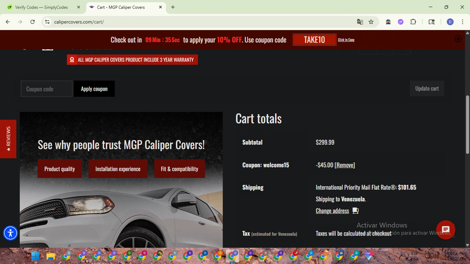 MGP Caliper Covers coupon code screenshot showing code WELCOME15 applied at MGP Caliper Covers checkout page. Uploaded by SimplyCodes community member VoucherTitan8325 on Aug 13, 2025