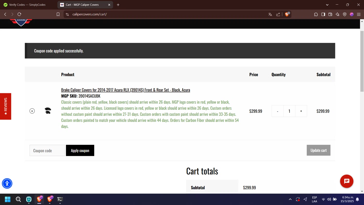 MGP Caliper Covers coupon code screenshot showing code TBO15 applied at MGP Caliper Covers checkout page. Uploaded by SimplyCodes community member esperanza on Mar 15, 2025