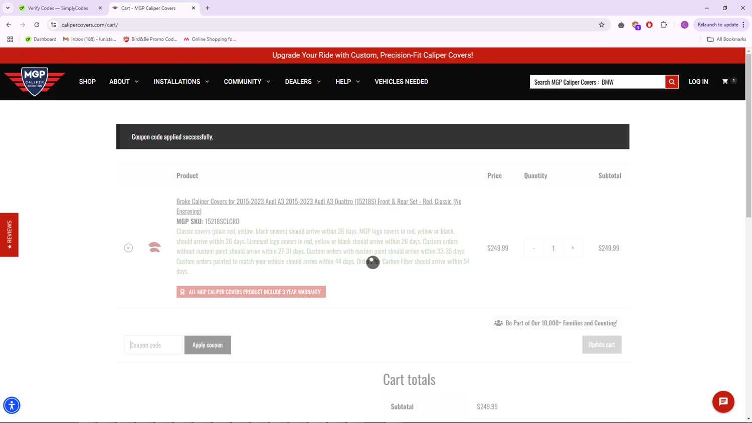 MGP Caliper Covers coupon code screenshot showing code TBO15 applied at MGP Caliper Covers checkout page. Uploaded by SimplyCodes community member RoyalTracker568 on Apr 13, 2025