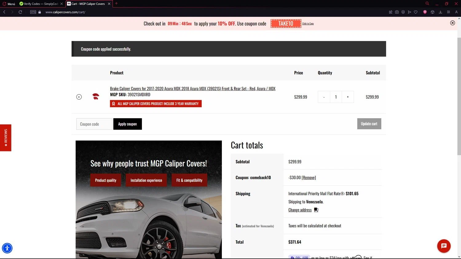 MGP Caliper Covers coupon code screenshot showing code comeback10 applied at MGP Caliper Covers checkout page. Uploaded by SimplyCodes community member LegendarySeeker3956 on Sep 11, 2025