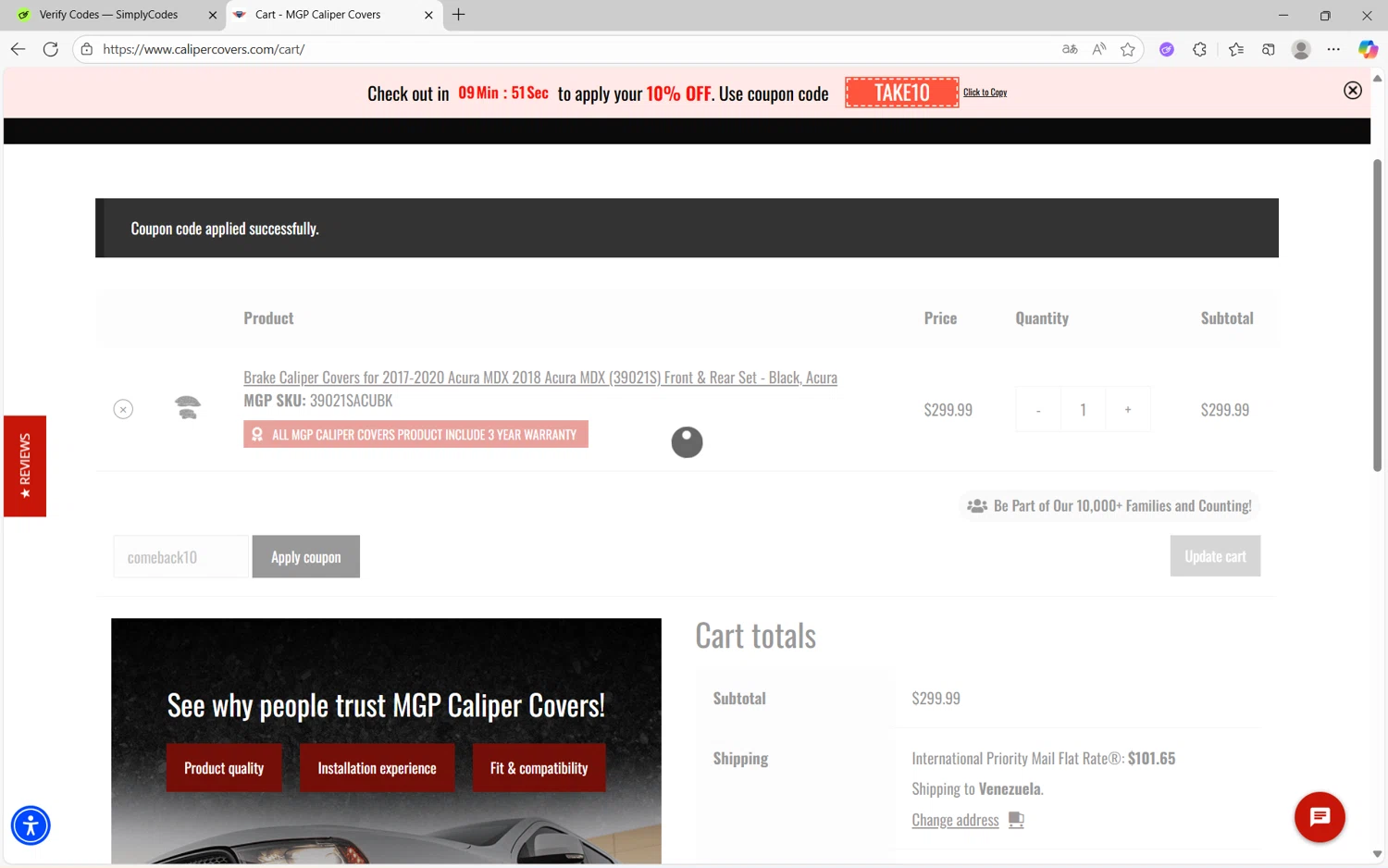 MGP Caliper Covers coupon code screenshot showing code comeback10 applied at MGP Caliper Covers checkout page. Uploaded by SimplyCodes community member frijolito on Oct 10, 2025