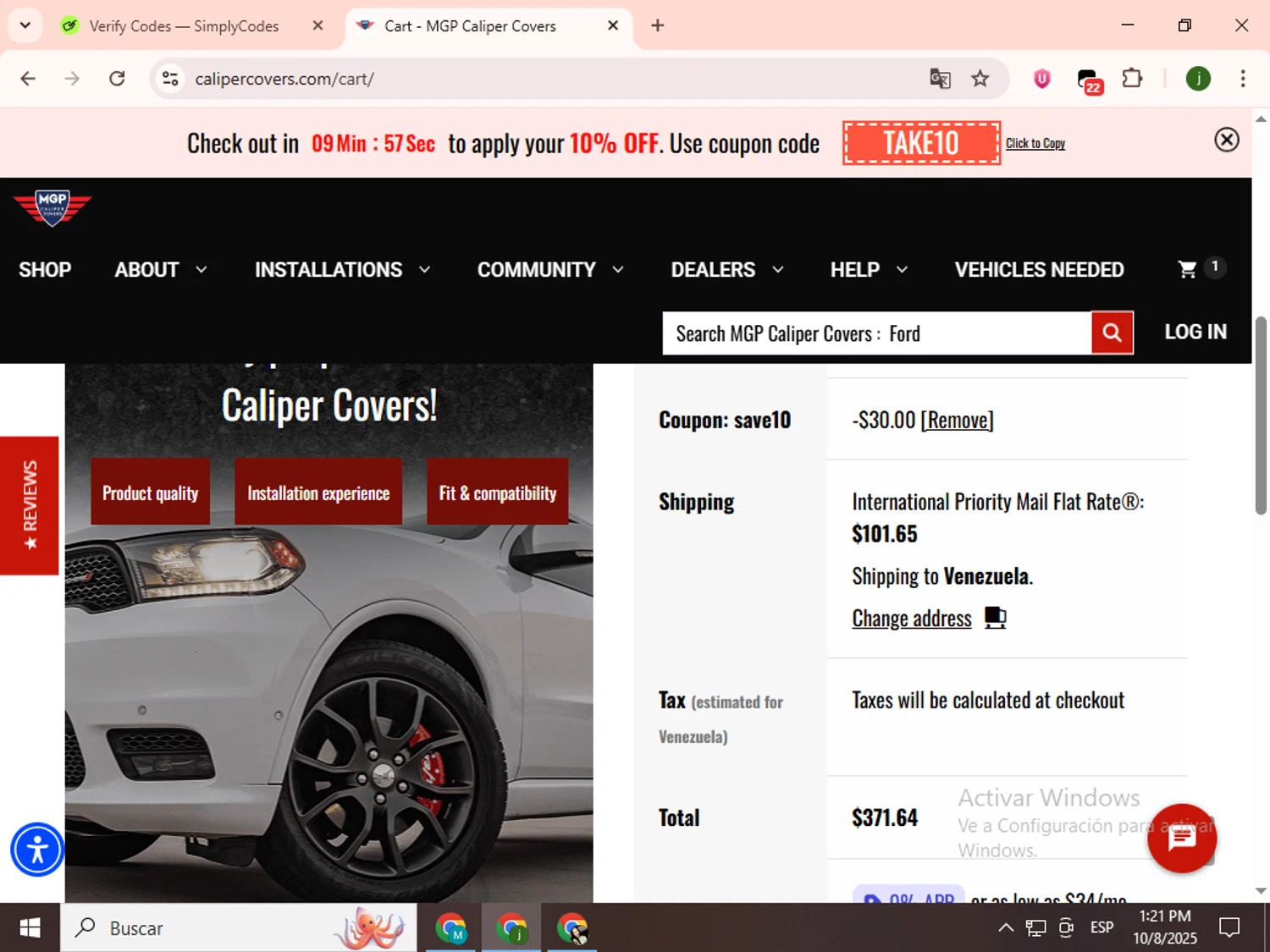 MGP Caliper Covers coupon code screenshot showing code SAVE10 applied at MGP Caliper Covers checkout page. Uploaded by SimplyCodes community member SavingsCollector2592 on Oct 8, 2025