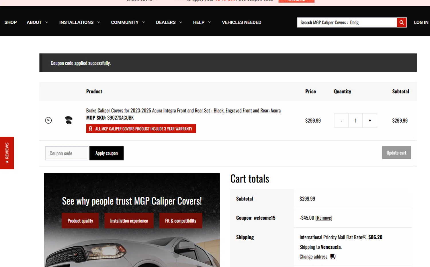 MGP Caliper Covers coupon code screenshot showing code welcome15 applied at MGP Caliper Covers checkout page. Uploaded by SimplyCodes community member ashe1986 on Aug 13, 2025