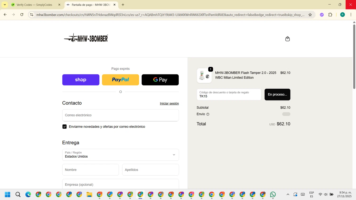 MHW-3BOMBER discount code screenshot showing code TK15 applied at MHW-3BOMBER checkout page. Uploaded by SimplyCodes community member BargainMonarch6495 on Nov 28, 2025