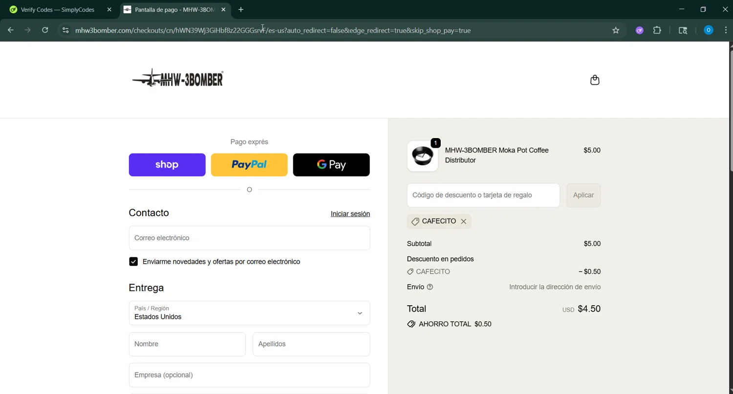 MHW-3BOMBER discount code screenshot showing code CAFECITO applied at MHW-3BOMBER checkout page. Uploaded by SimplyCodes community member GoldChaser6627 on Sep 19, 2025