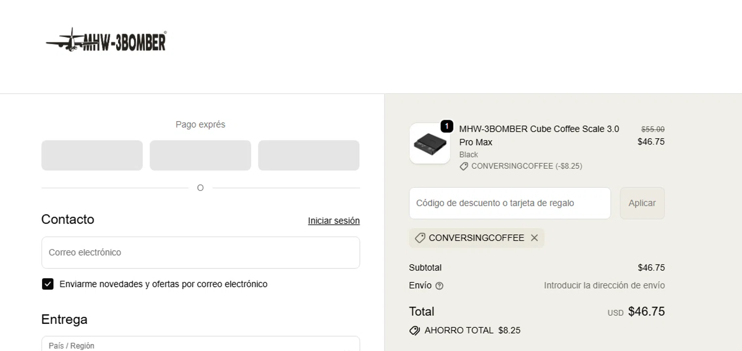 MHW-3BOMBER discount code screenshot showing code CONVERSINGCOFFEE applied at MHW-3BOMBER checkout page. Uploaded by SimplyCodes community member Toundji on Oct 21, 2025
