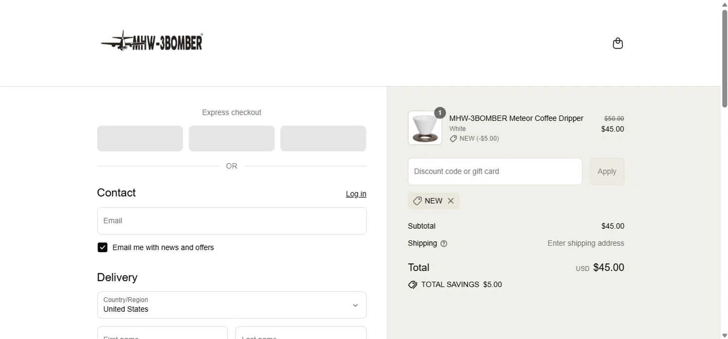 MHW-3BOMBER discount code screenshot showing code NEW applied at MHW-3BOMBER checkout page. Uploaded by SimplyCodes community member anosesmith on Jul 8, 2025