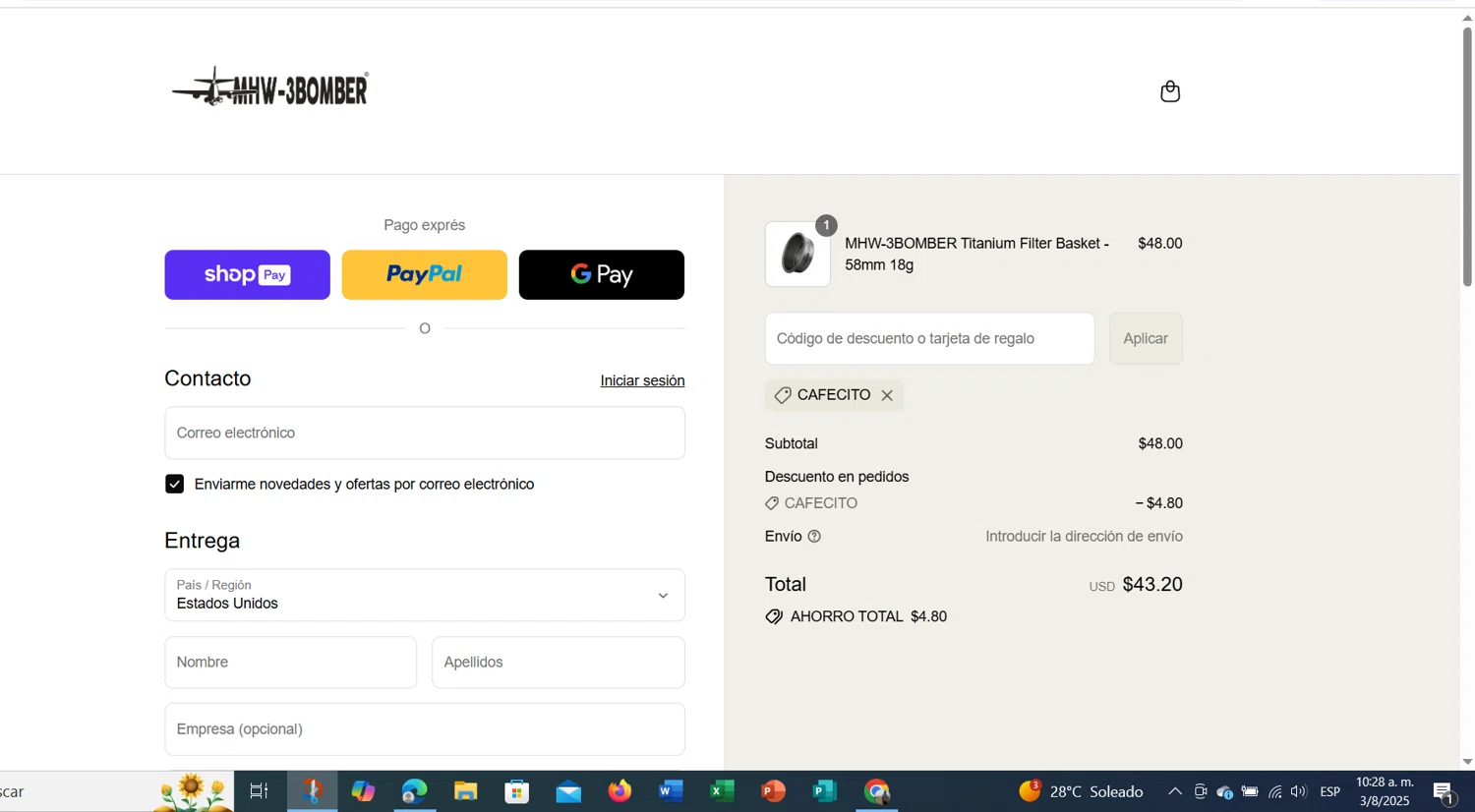 MHW-3BOMBER discount code screenshot showing code CAFECITO applied at MHW-3BOMBER checkout page. Uploaded by SimplyCodes community member cristianmendoza on Aug 3, 2025
