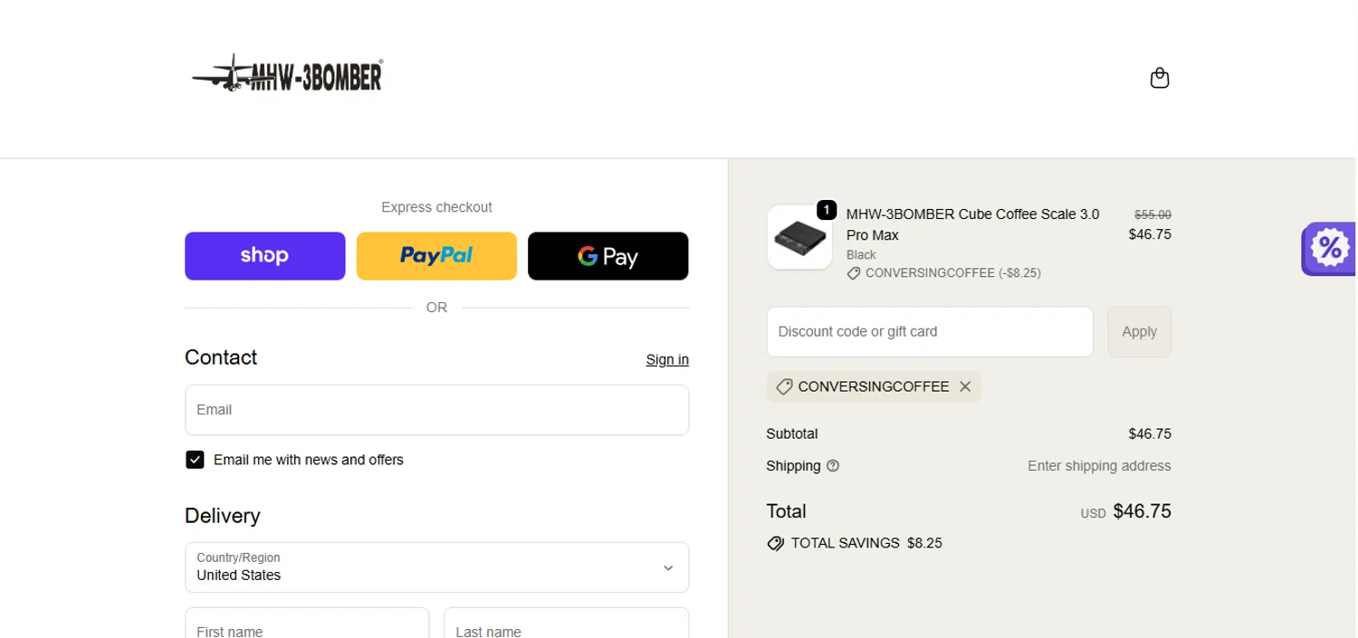 MHW-3BOMBER discount code screenshot showing code CONVERSINGCOFFEE applied at MHW-3BOMBER checkout page. Uploaded by SimplyCodes community member shark12 on Sep 25, 2025