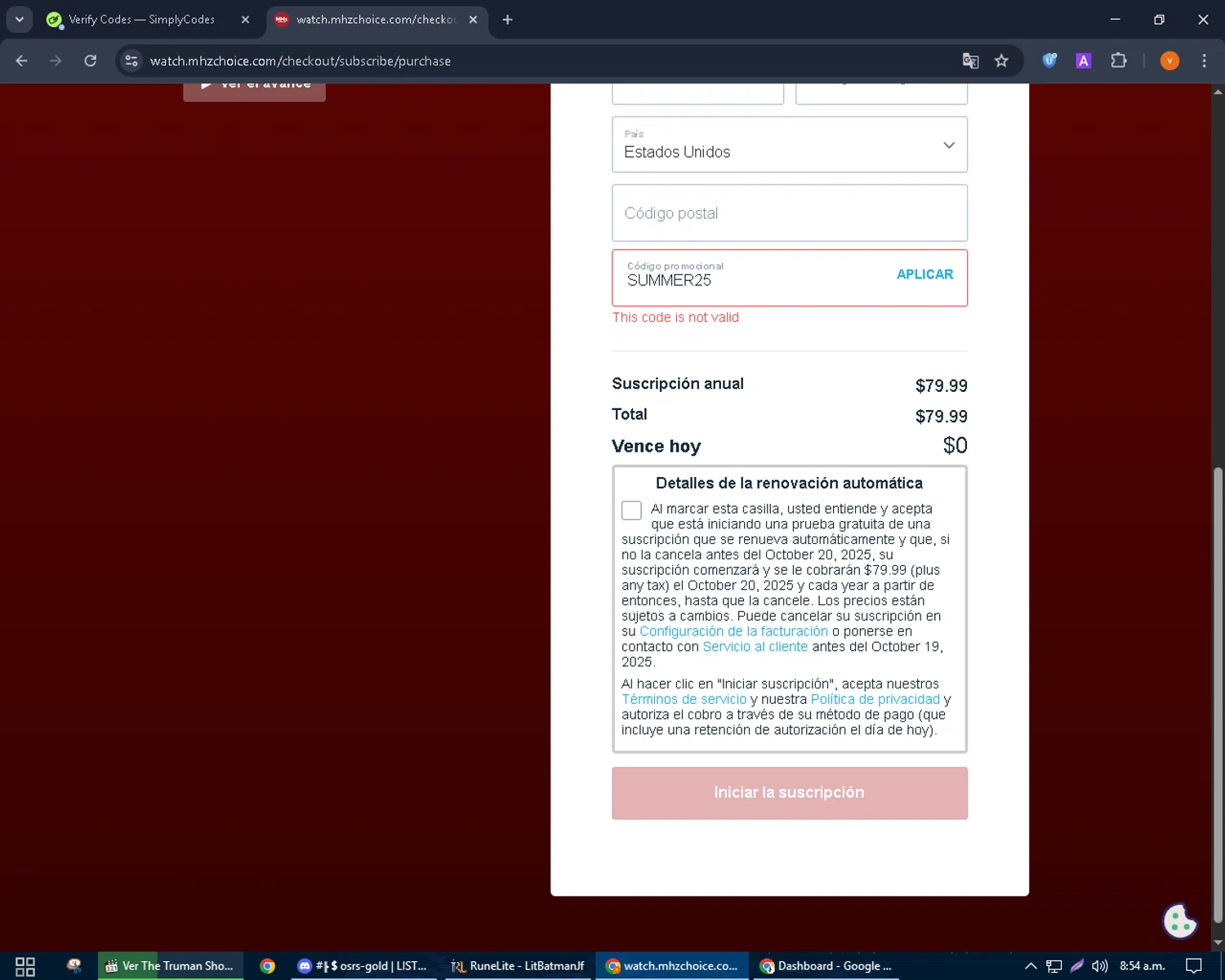 Mhz Choice promo code screenshot showing code SUMMER25 applied at Mhz Choice checkout page. Uploaded by SimplyCodes community member bulbasaur69 on Oct 13, 2025