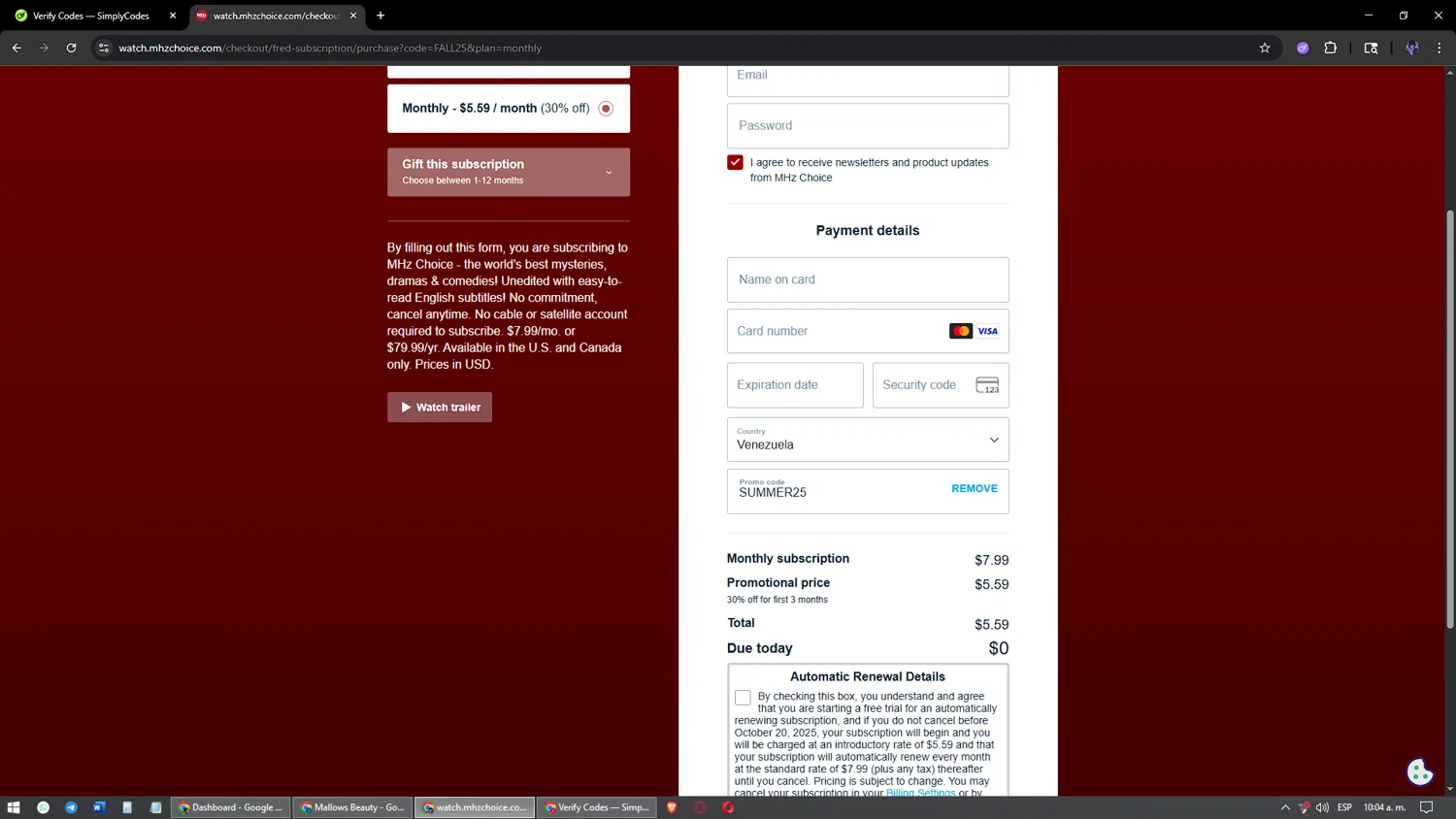 Mhz Choice promo code screenshot showing code SUMMER25 applied at Mhz Choice checkout page. Uploaded by SimplyCodes community member jesuscondez on Oct 13, 2025