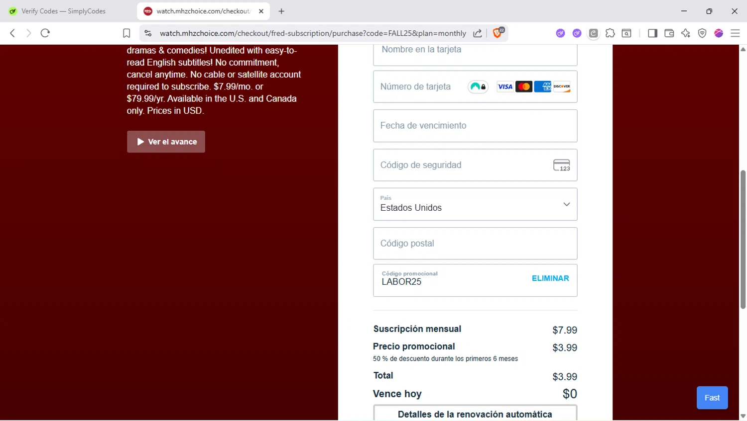 Mhz Choice checkout page showing Mhz Choice promo code box | Screenshot taken by SimplyCodes community member on Sep 18, 2025