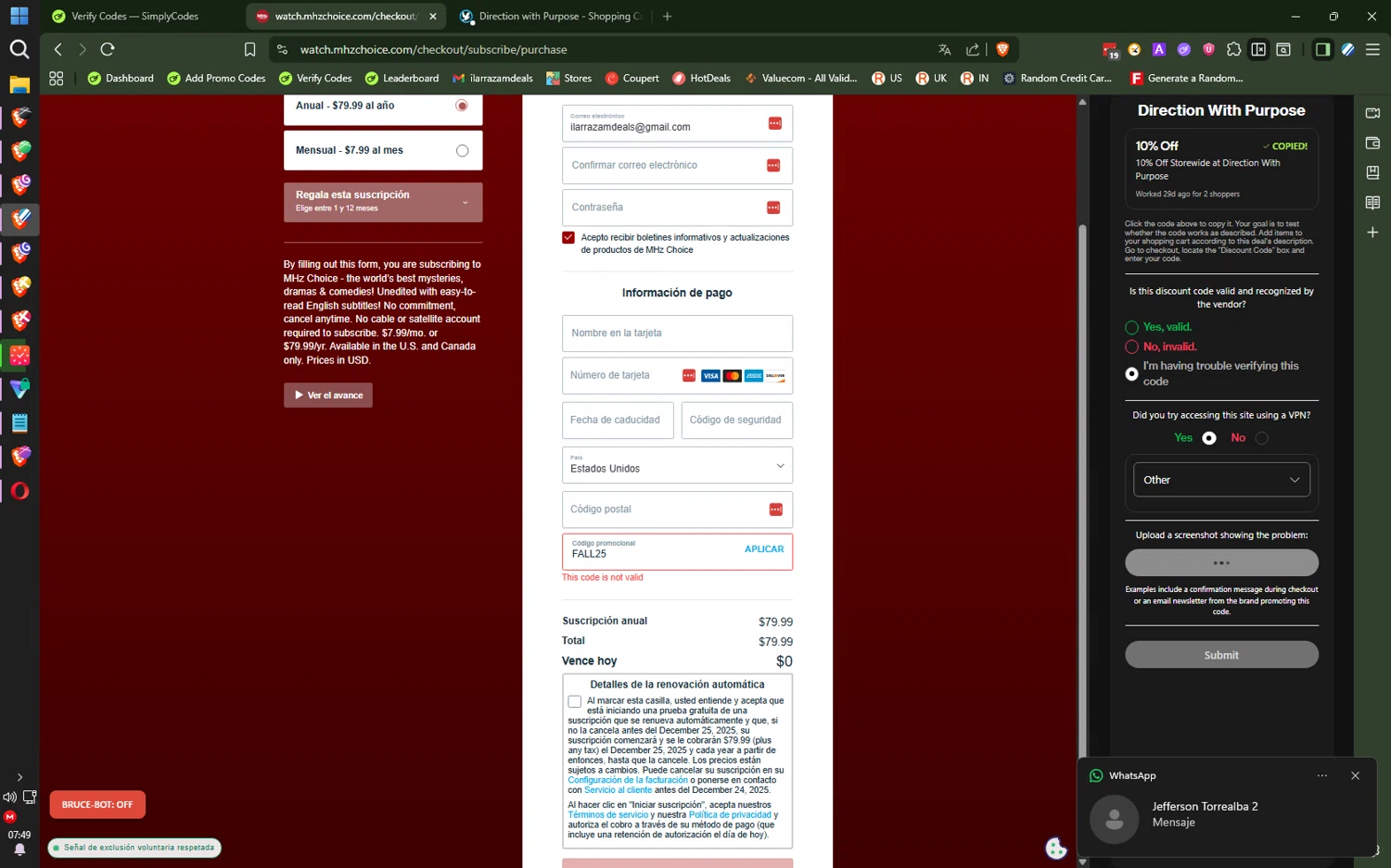 Mhz Choice promo code screenshot showing code fall25 applied at Mhz Choice checkout page. Uploaded by SimplyCodes community member SwiftLogic2048 on Dec 18, 2025