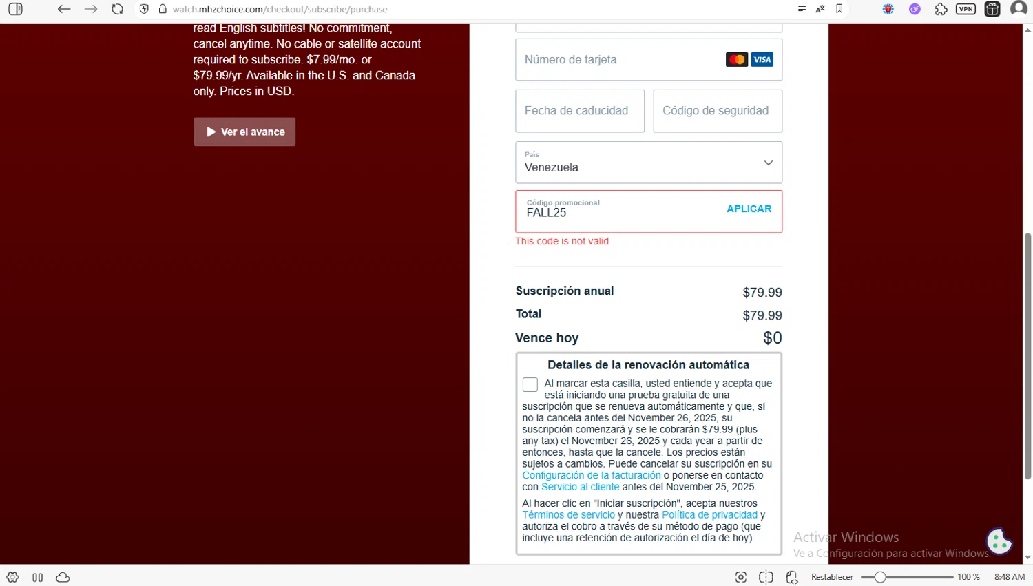 Mhz Choice promo code screenshot showing code fall25 applied at Mhz Choice checkout page. Uploaded by SimplyCodes community member luissilva2 on Nov 19, 2025