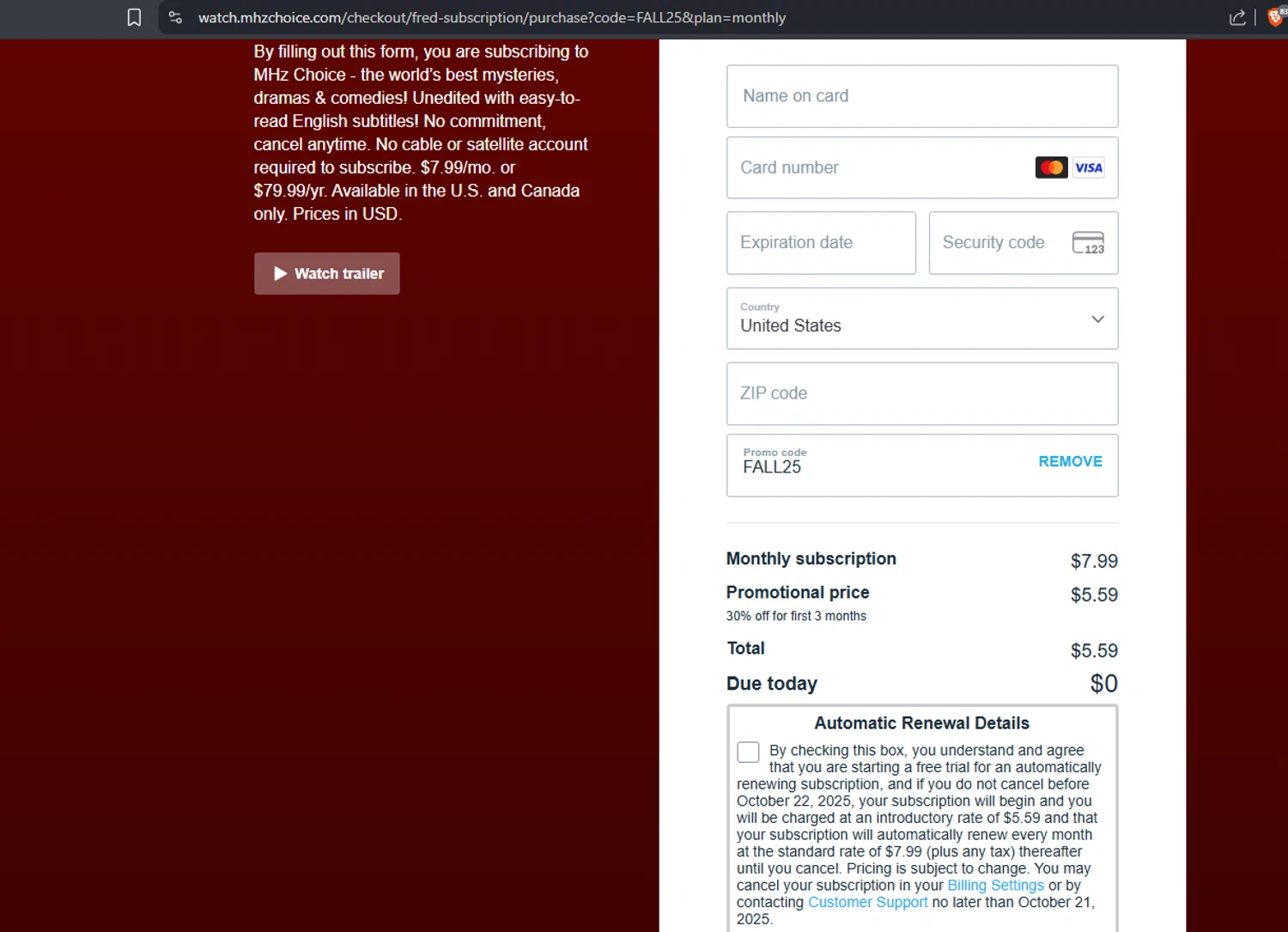 Mhz Choice promo code screenshot showing code fall25 applied at Mhz Choice checkout page. Uploaded by SimplyCodes community member fettywap on Oct 15, 2025