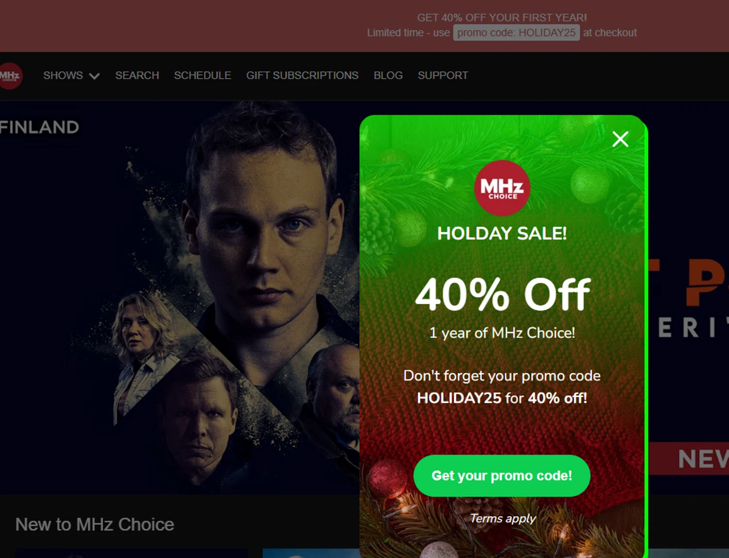 Mhz Choice promo code screenshot showing code HOLIDAY25 applied at Mhz Choice checkout page. Uploaded by SimplyCodes community member salepmigajera on Nov 15, 2025