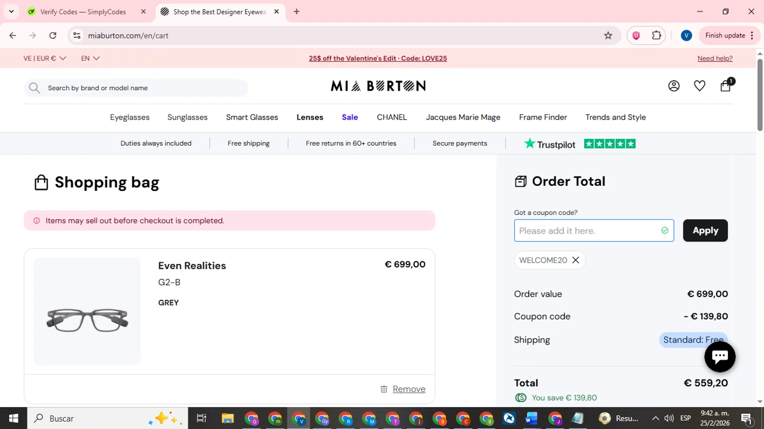 Mia Burton coupon code screenshot showing code WELCOME20 applied at Mia Burton checkout page. Uploaded by SimplyCodes community member CrownTitan5376 on Feb 25, 2026