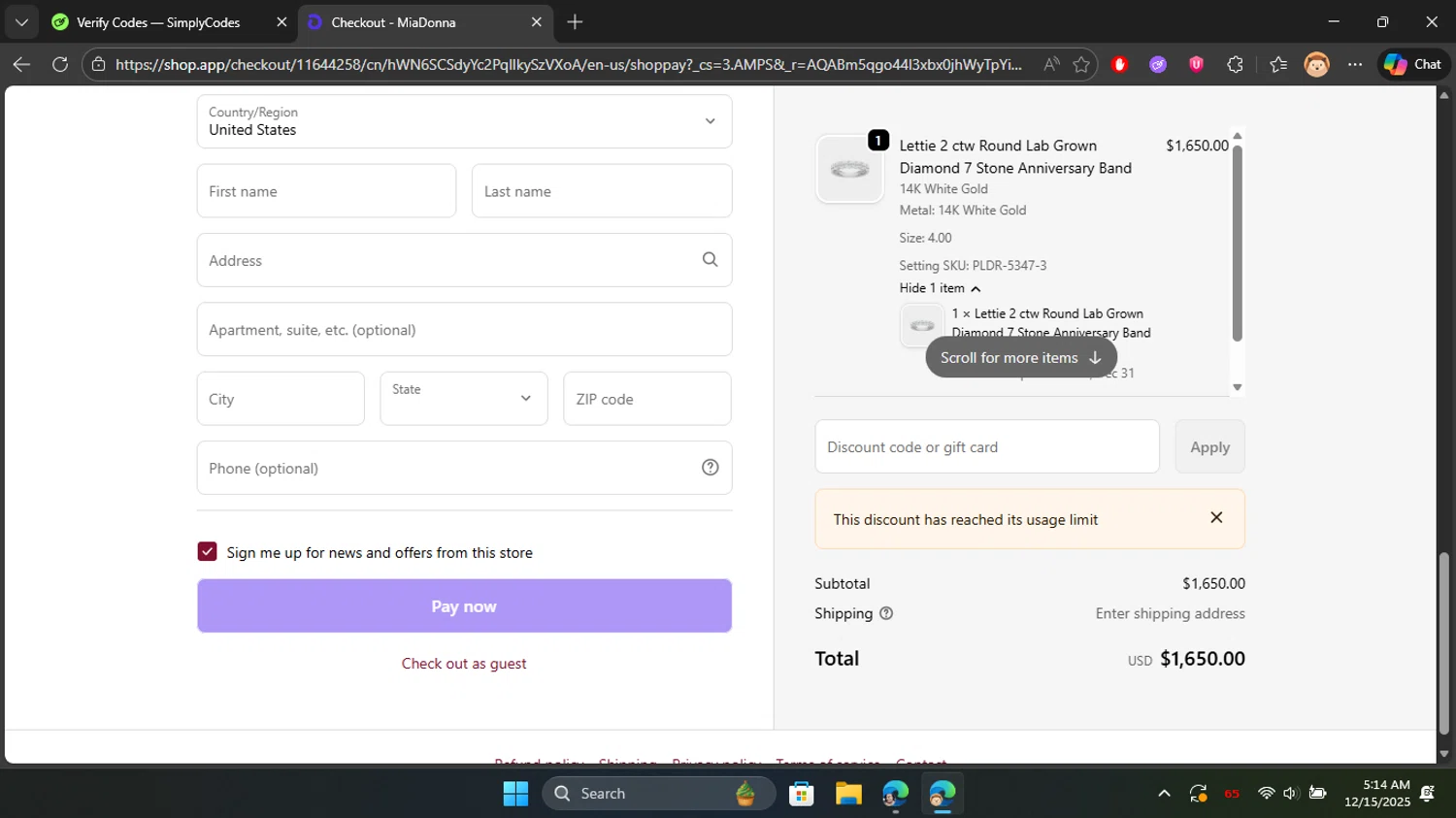 Mia Donna promo code screenshot showing code J7JNC9RJ applied at Mia Donna checkout page. Uploaded by SimplyCodes community member Don_Quixote on Dec 15, 2025