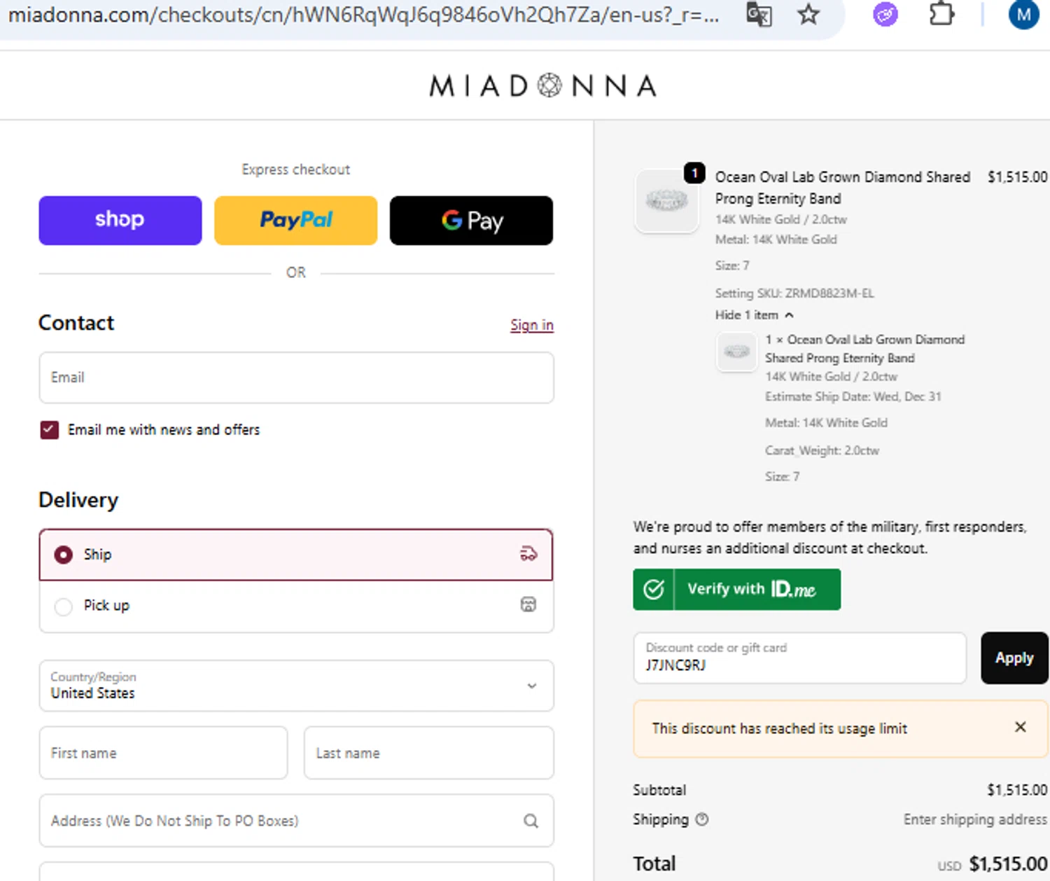 Mia Donna promo code screenshot showing code J7JNC9RJ applied at Mia Donna checkout page. Uploaded by SimplyCodes community member PennyOwl2559 on Dec 15, 2025