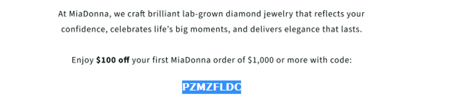 Mia Donna promo code screenshot showing code PZMZFLDC applied at Mia Donna checkout page. Uploaded by SimplyCodes community member Alofoke on Dec 16, 2025