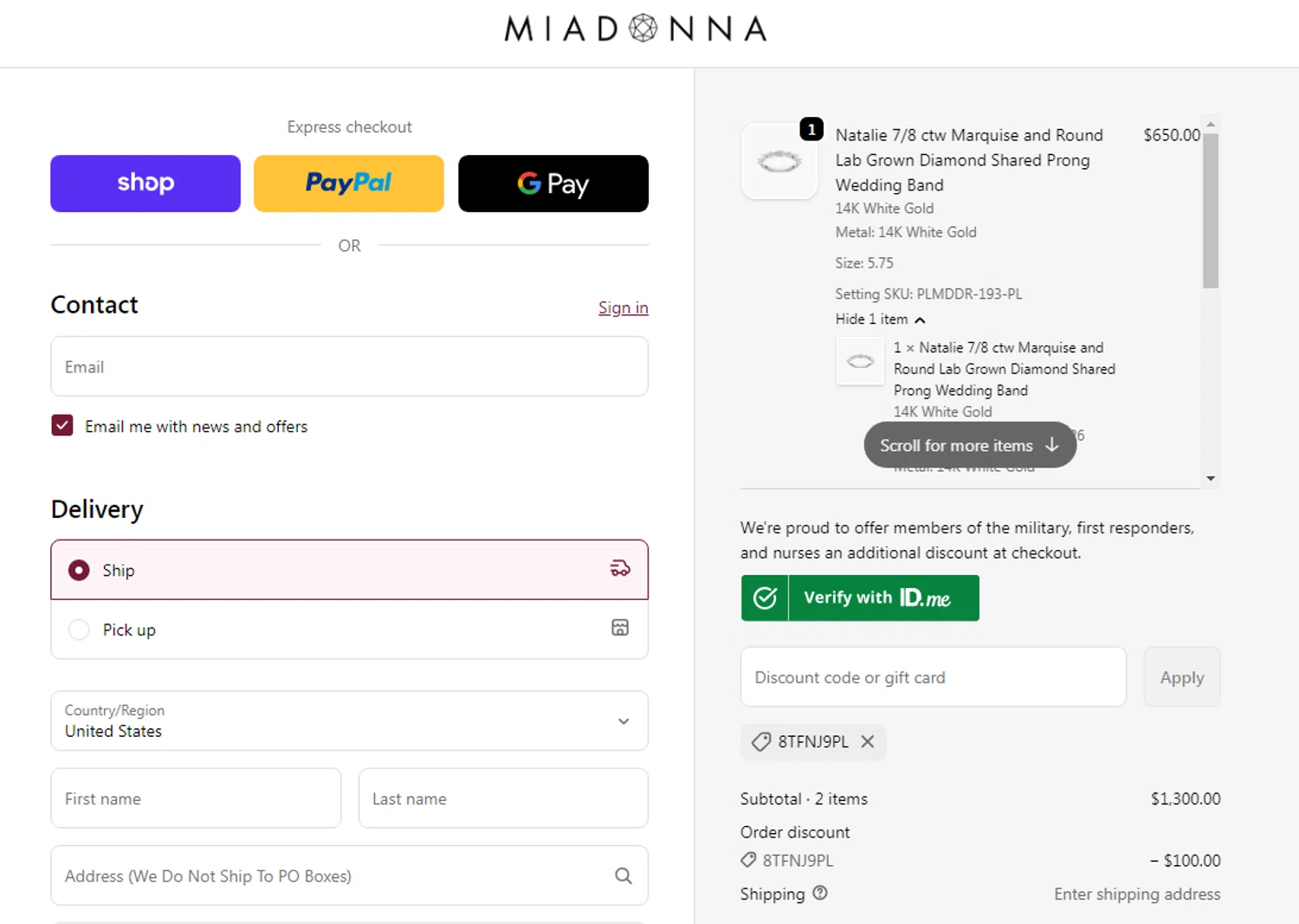Mia Donna promo code screenshot showing code 8TFNJ9PL applied at Mia Donna checkout page. Uploaded by SimplyCodes community member Alofoke on Dec 15, 2025
