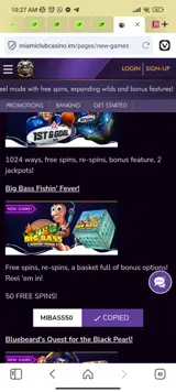 Miami Club Casino coupon verification screenshot