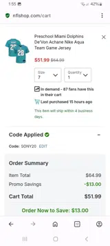 Miami Dolphins coupon verification screenshot