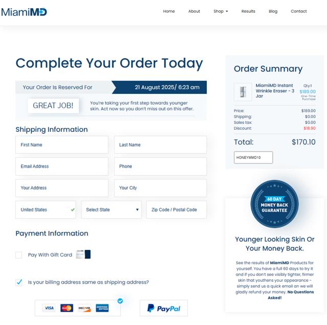 Miami MD checkout page showing Miami MD coupon code box | Screenshot taken by SimplyCodes community member on Aug 21, 2025