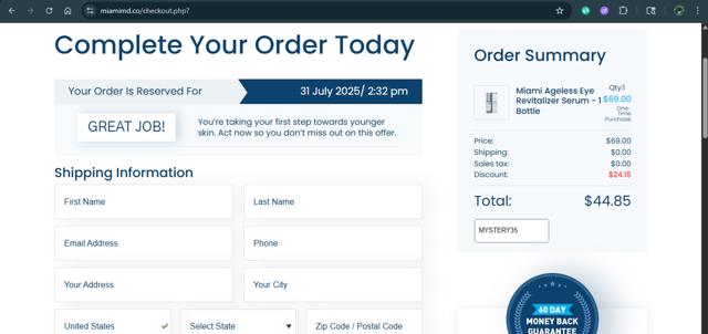 Miami MD checkout page showing Miami MD coupon code box | Screenshot taken by SimplyCodes community member on Jul 31, 2025