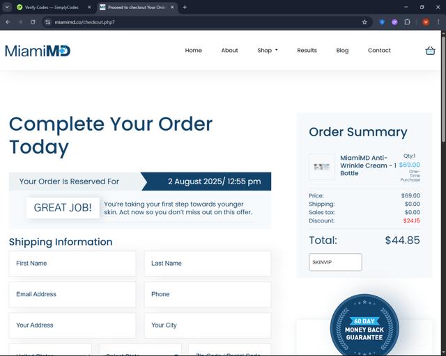 Miami MD checkout page showing Miami MD coupon code box | Screenshot taken by SimplyCodes community member on Aug 2, 2025