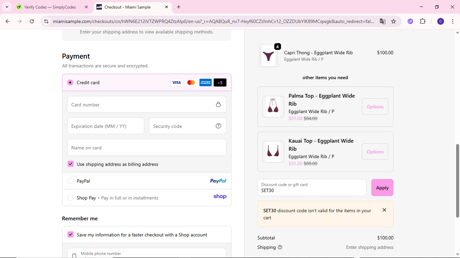 Miami Sample discount code screenshot showing code SET30 applied at Miami Sample checkout page. Uploaded by SimplyCodes community member MoneyWizard2699 on Dec 9, 2025