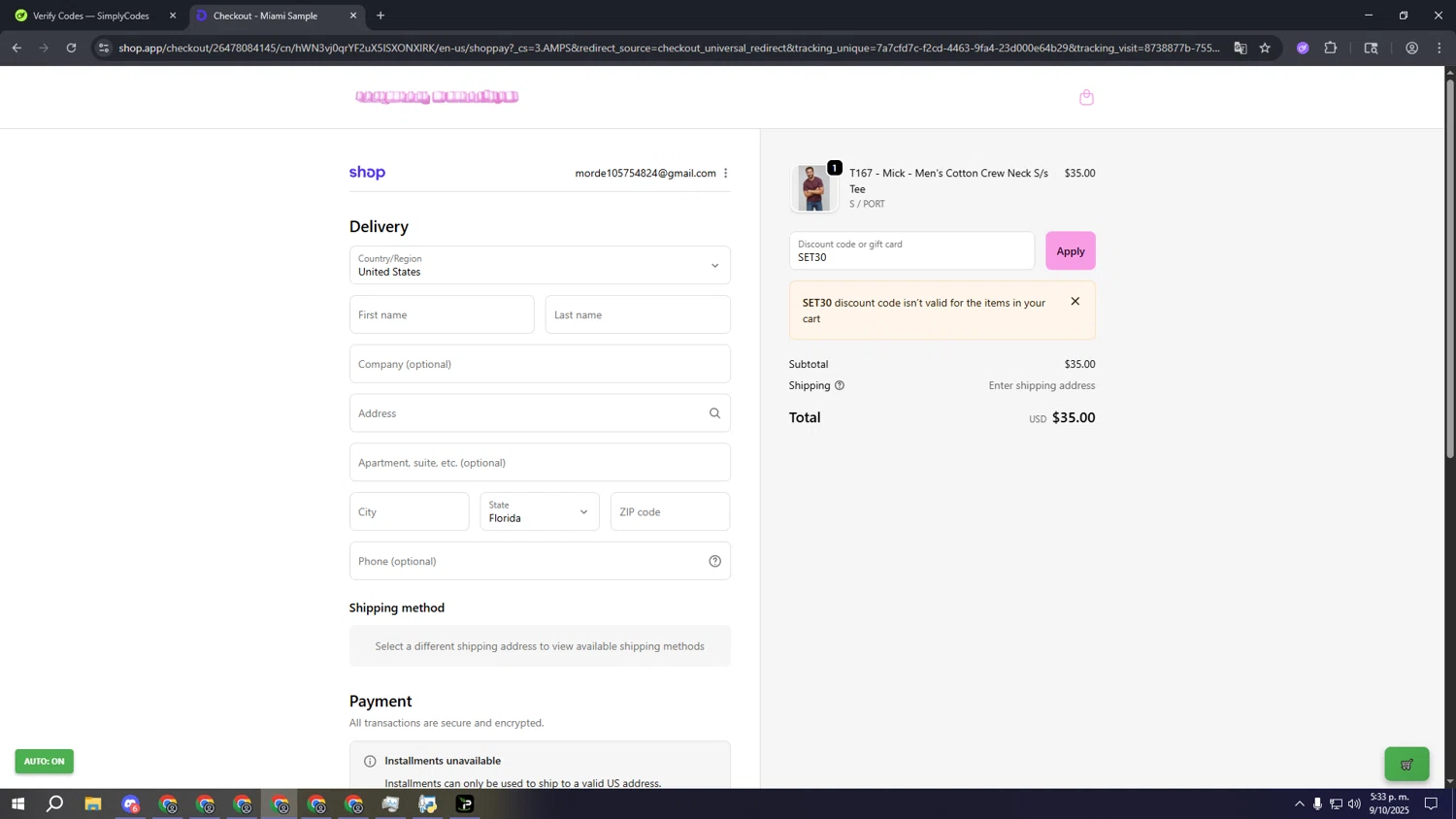 Miami Sample discount code screenshot showing code SET30 applied at Miami Sample checkout page. Uploaded by SimplyCodes community member lllllllllllllll on Oct 9, 2025