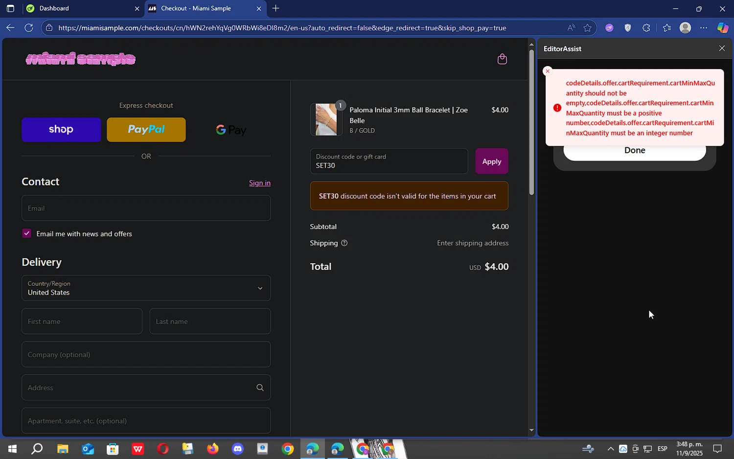 Miami Sample discount code screenshot showing code SET30 applied at Miami Sample checkout page. Uploaded by SimplyCodes community member hollowknight on Sep 11, 2025