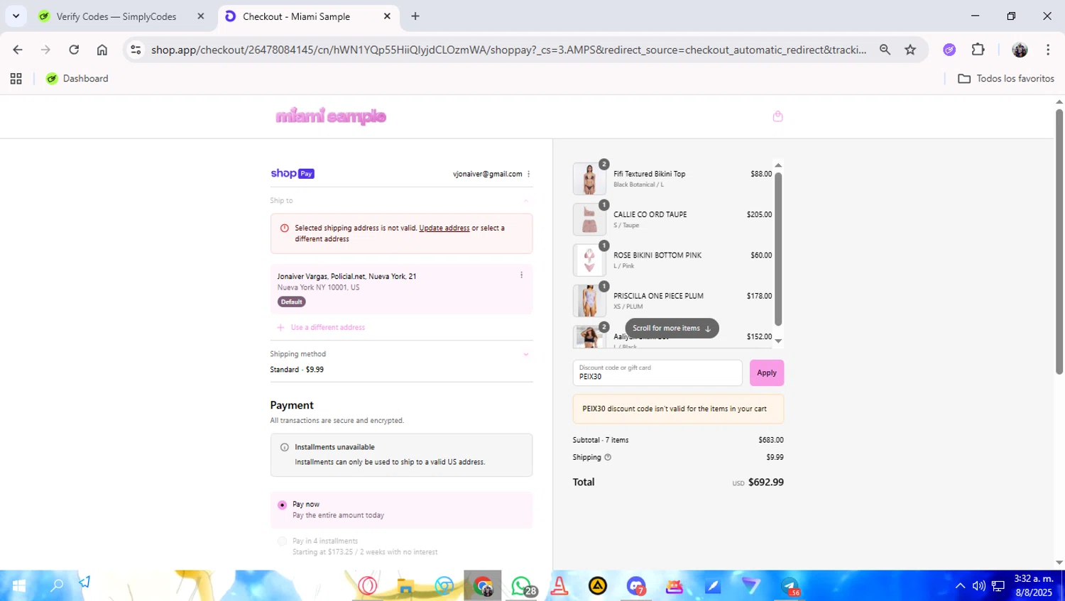 Miami Sample discount code screenshot showing code PEIX30 applied at Miami Sample checkout page. Uploaded by SimplyCodes community member LuckyAce8014 on Aug 8, 2025