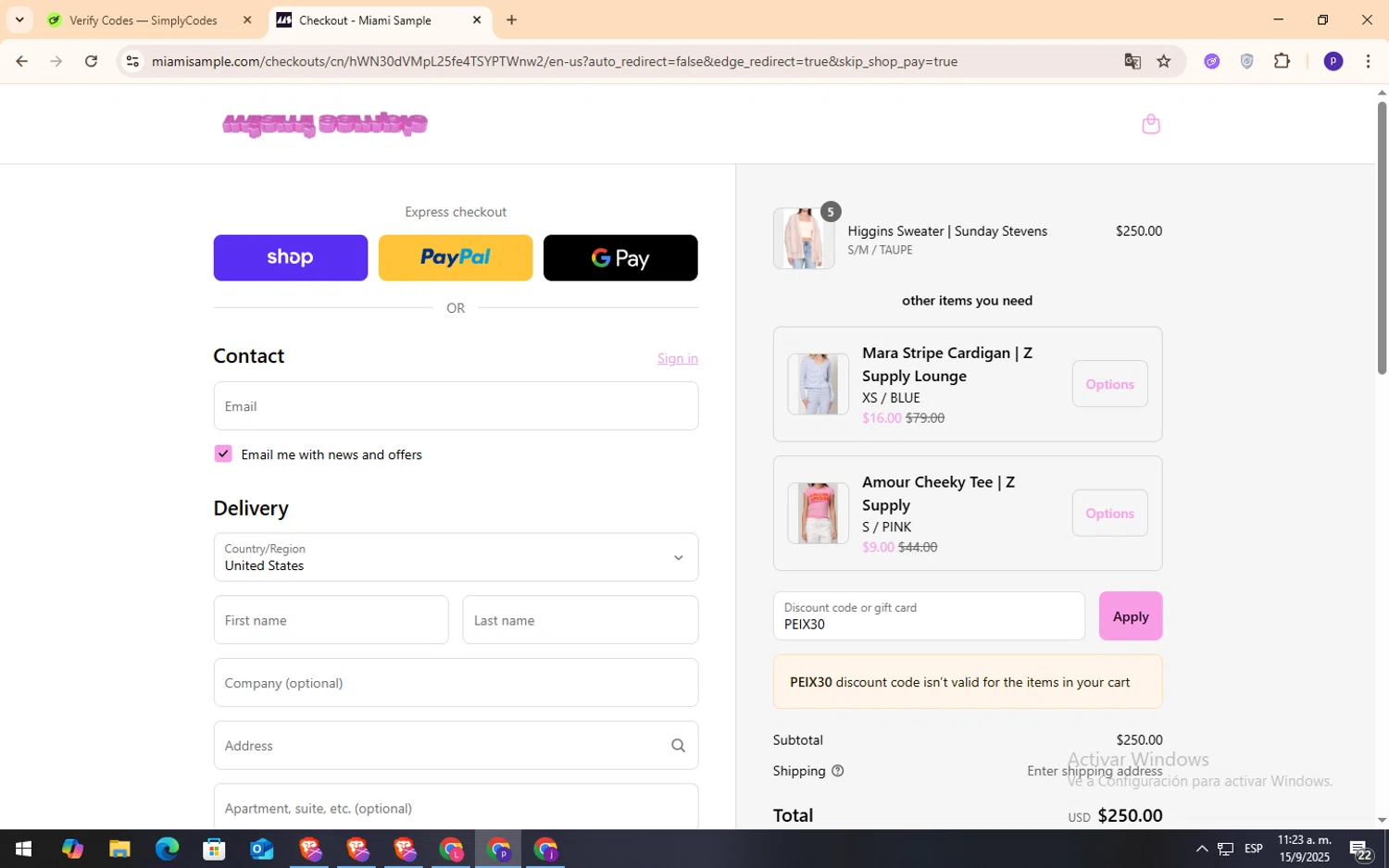 Miami Sample discount code screenshot showing code PEIX30 applied at Miami Sample checkout page. Uploaded by SimplyCodes community member NobleFox9153 on Sep 15, 2025