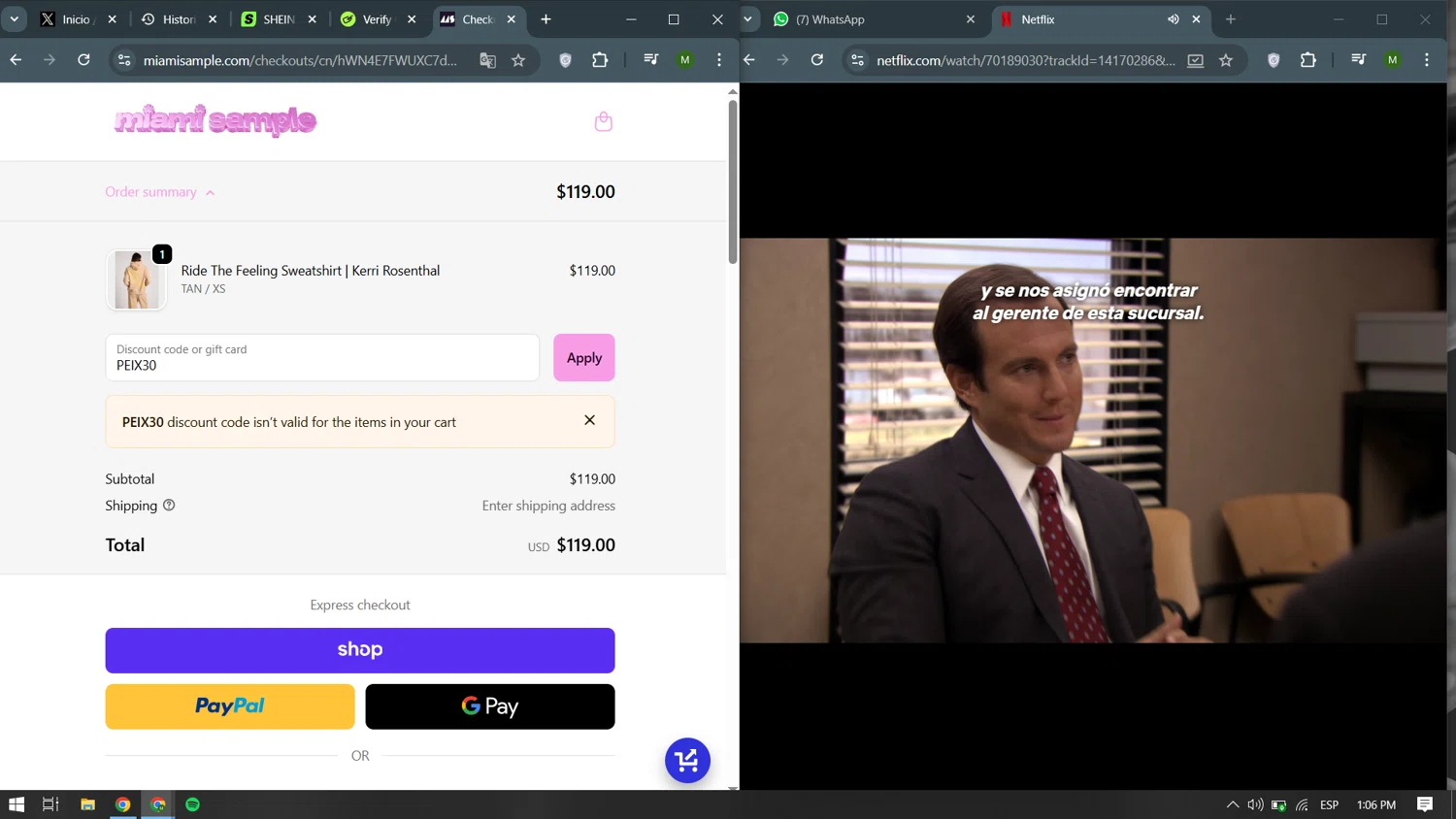 Miami Sample discount code screenshot showing code PEIX30 applied at Miami Sample checkout page. Uploaded by SimplyCodes community member becomeaware on Oct 17, 2025