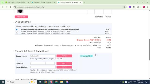Miccostumes checkout page showing Miccostumes coupon code box | Screenshot taken by SimplyCodes community member on Sep 7, 2025