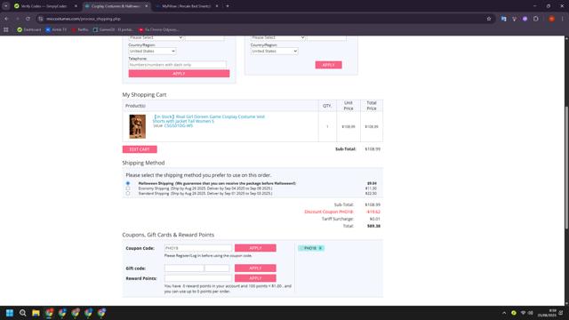 Miccostumes checkout page showing Miccostumes coupon code box | Screenshot taken by SimplyCodes community member on Aug 25, 2025