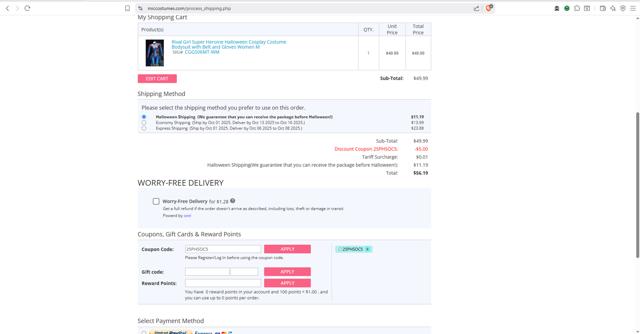 Miccostumes checkout page showing Miccostumes coupon code box | Screenshot taken by SimplyCodes community member on Sep 4, 2025