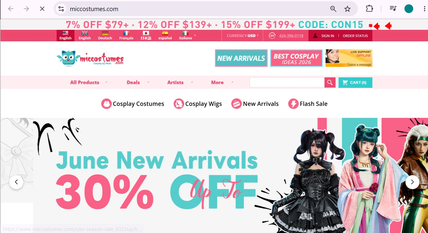 Miccostumes promo code screenshot showing code CON15 applied at Miccostumes checkout page. Uploaded by SimplyCodes community member anosesmith on Jun 8, 2026