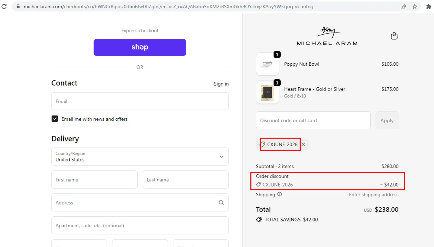 Michael Aram promo code screenshot showing code CXJUNE-2026 applied at Michael Aram checkout page. Uploaded by SimplyCodes community member nileskamarcano on Jun 2, 2026