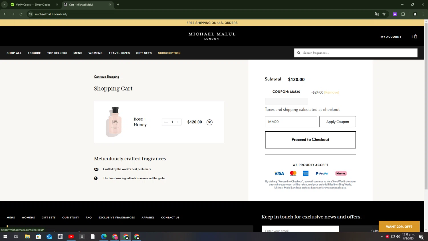 Michael Malul coupon code screenshot showing code MM20 applied at Michael Malul checkout page. Uploaded by SimplyCodes community member ExtraordinaryExpert1730 on Feb 8, 2025