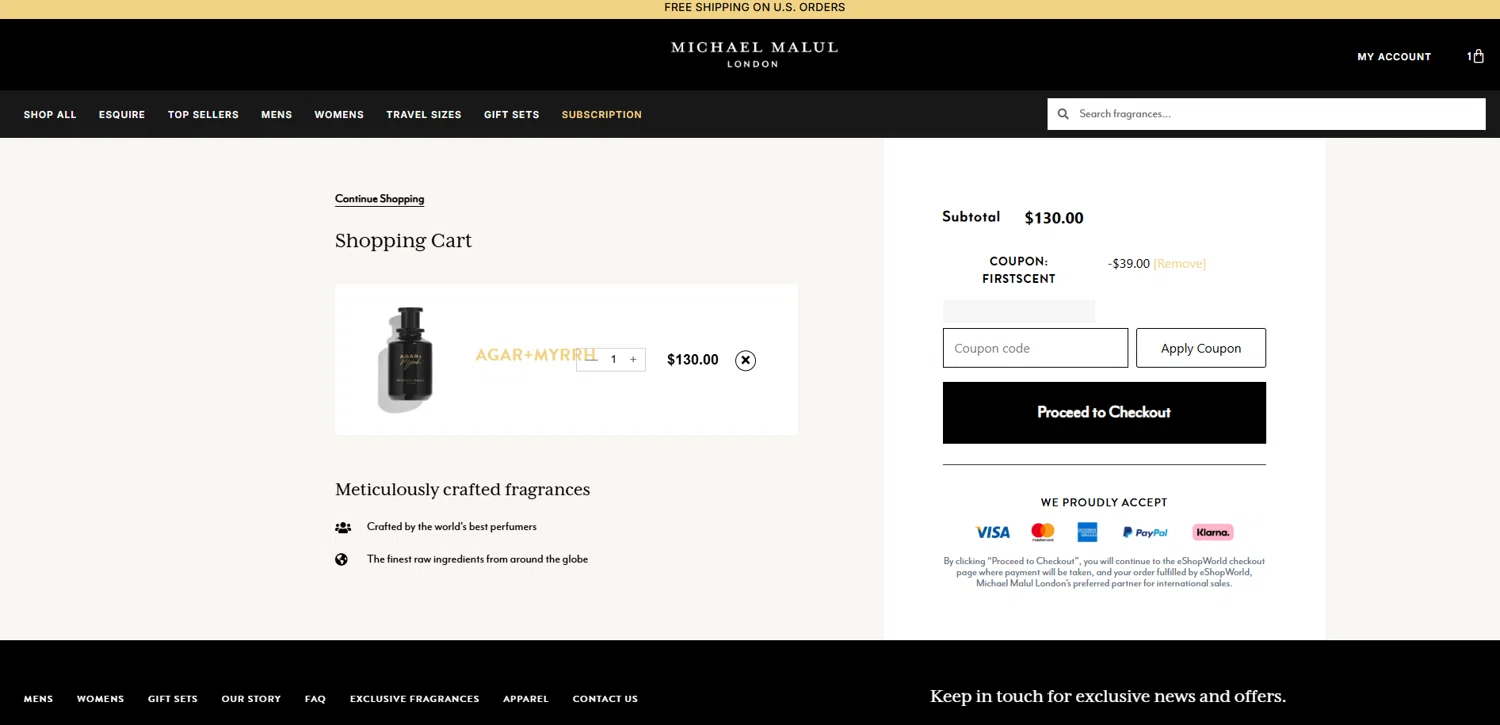 Michael Malul coupon code screenshot showing code FIRSTSCENT applied at Michael Malul checkout page. Uploaded by SimplyCodes community member Elosox1 on Jul 31, 2025