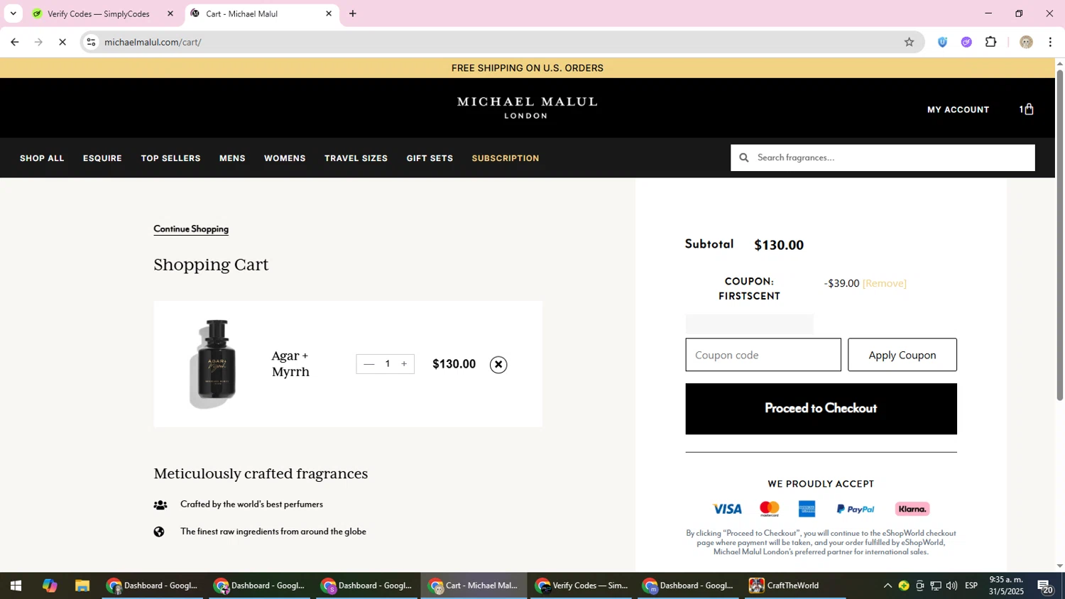Michael Malul coupon code screenshot showing code FIRSTSCENT applied at Michael Malul checkout page. Uploaded by SimplyCodes community member NobleScholar4826 on May 31, 2025